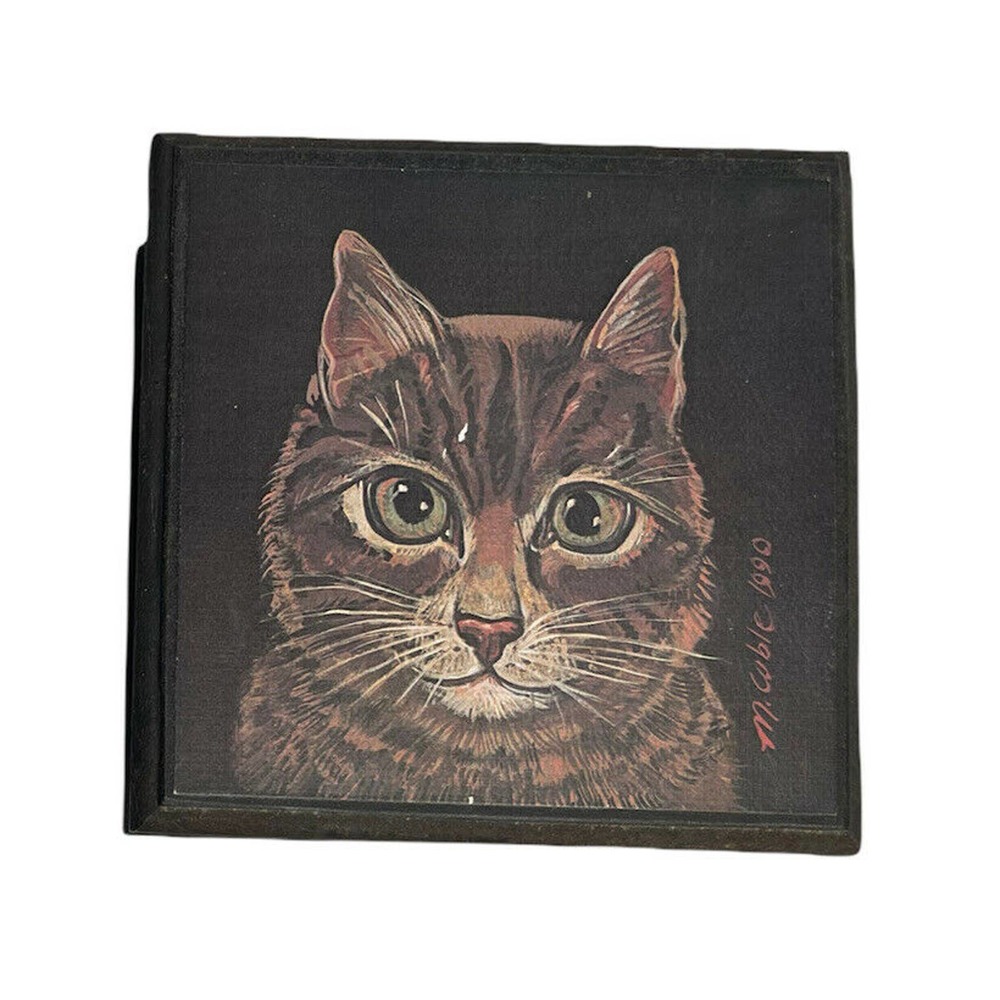 Vintage 1990 Hand Painted Artisan Black Wooden Cat Trinket Storage Box 7"x7" x3"